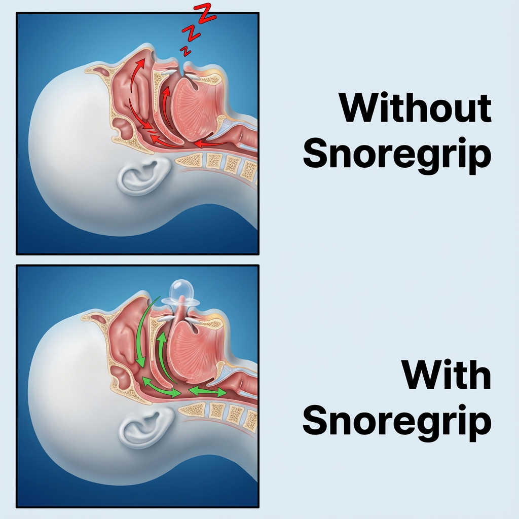 Cross-section illustration comparing a blocked airway during snoring with an open airway when the tongue is held forward