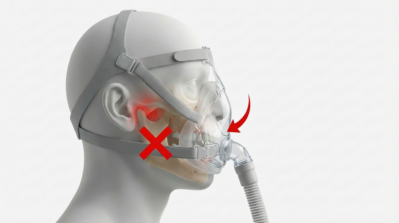 Illustration of a full-face pressure mask with straps over a sleeper's head