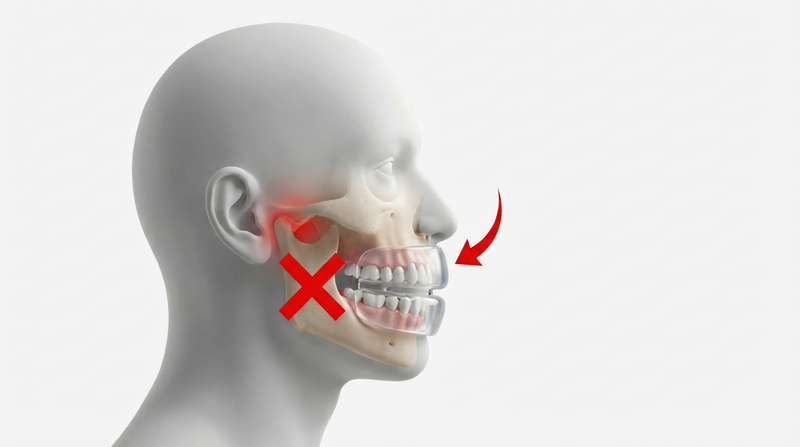 Illustration of a jaw-advancing mouthguard shifting the lower jaw forward