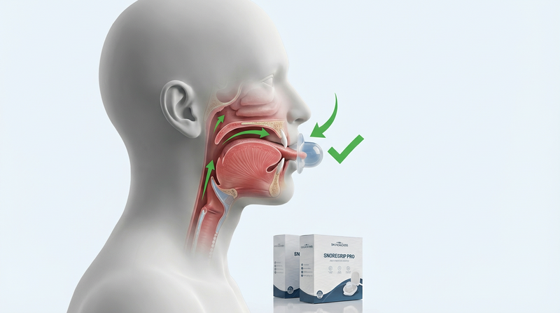 Illustration of the tongue held gently forward by a soft silicone retention device, keeping the airway open