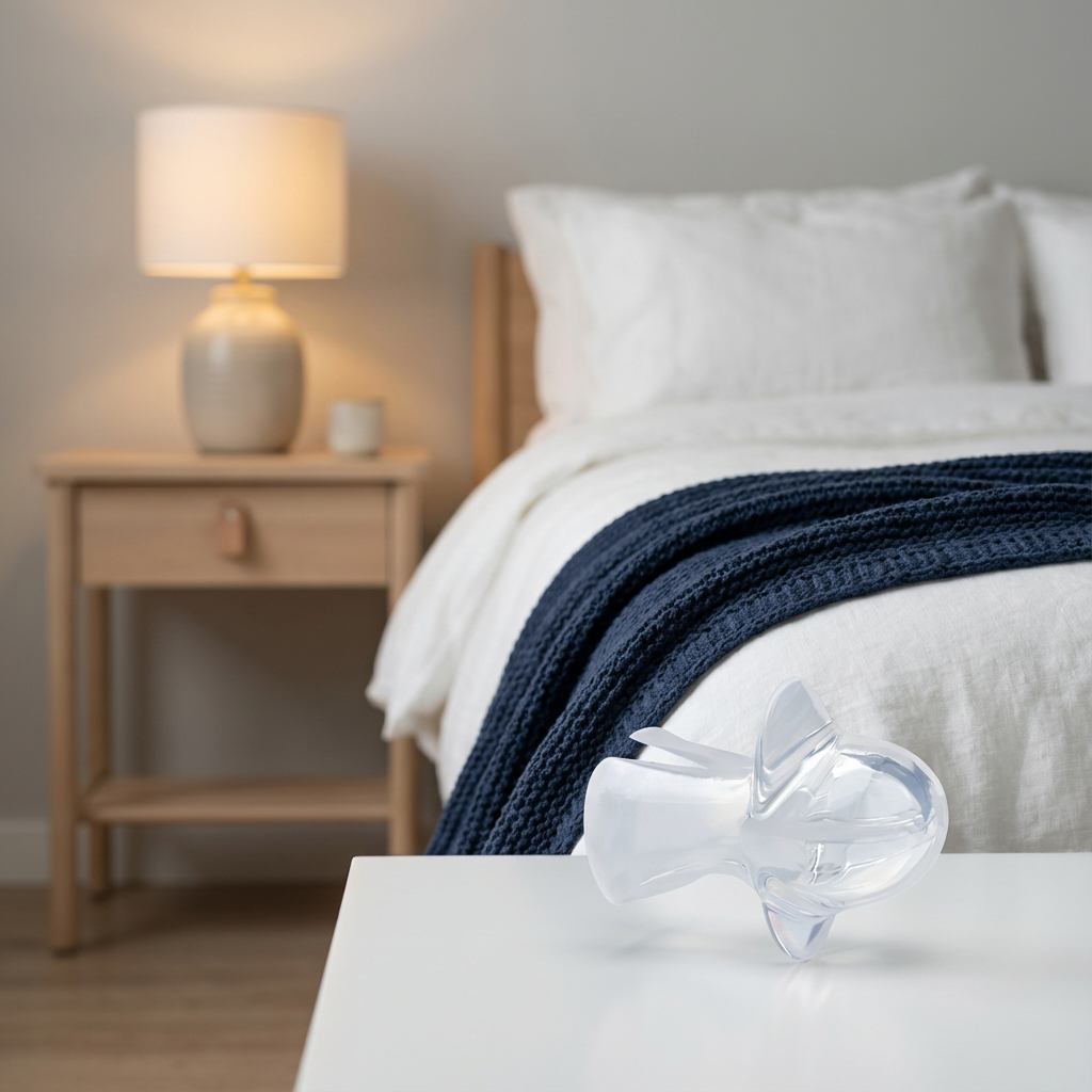 SnoreGrip Pro tongue retention device resting on a bedside table beside a made bed