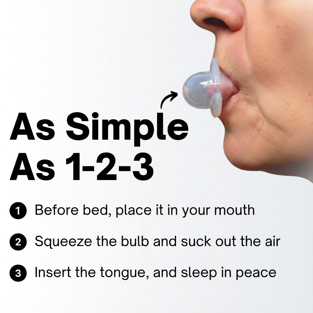 Close-up of the SnoreGrip Pro device seated at the lips with the three usage steps