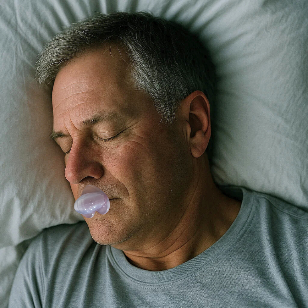 A man asleep on his side wearing the small clear SnoreGrip Pro device